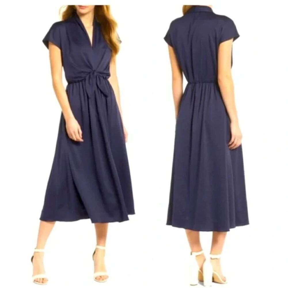 GAL MEETS GLAM Navy Blue Margie Tie Waist V-Neck Satin Midi Dress Size 6